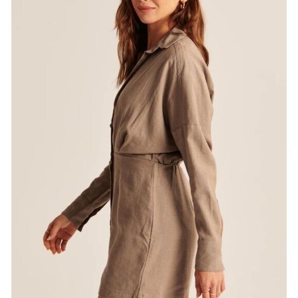 Abercrombie & Fitch Neutral Brown Linen Blend Mini Dress Minimalist Fall Chic - Picture 2 of 12